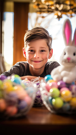 Cute little boy wearing bunny ears and holding colorful easter eggsの素材