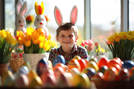 Cute little boy with Easter eggs and bunny ears on blurred backgroundの素材