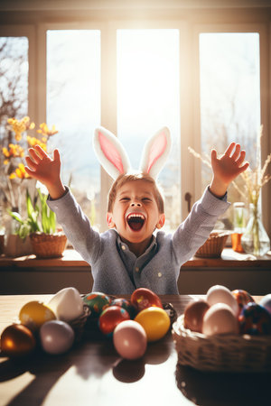 Cute little boy in bunny ears having fun while preparing for Easter at homeの素材