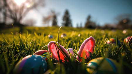 Easter eggs in the grass. Easter background. Happy Easter.の素材