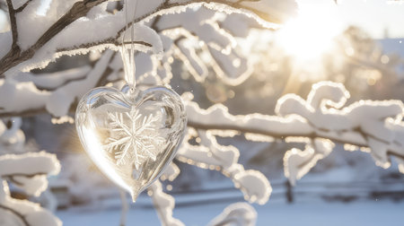 Heart-shaped icicle on a branch of a tree in winterの素材