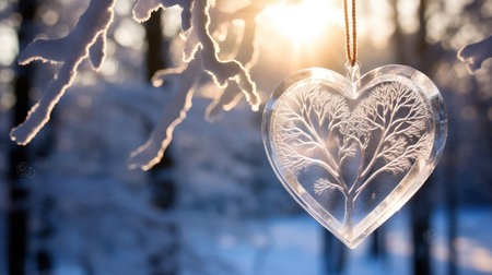 Heart-shaped glass on the background of the winter forest and sunの素材