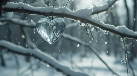 Heart on a branch covered with snow in the winter forest. Love conceptの素材