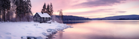 Beautiful winter landscape with house on the lake at sunset, panoramaの素材