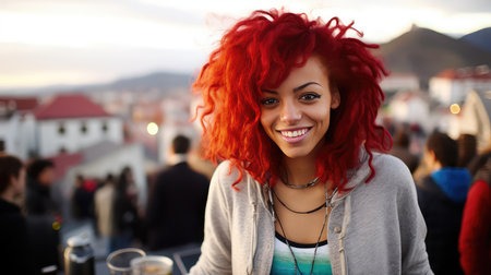 Portrait of a beautiful woman with red hair at a rooftop partyの素材