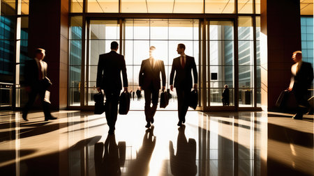 Silhouettes of business people walking in the lobby of a modern office buildingの素材