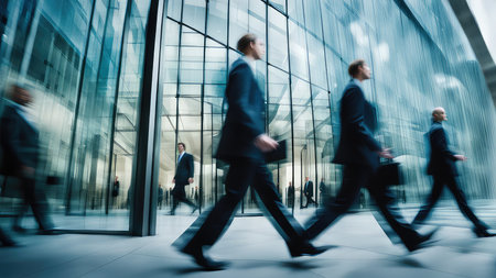 Business people walking in a modern office building (motion blurred image)の素材