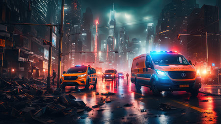 Police car and ambulance on the street in New York City.の素材
