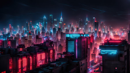 Futuristic city at night with neon lights. 3d renderingの素材
