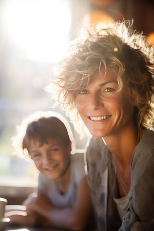 Portrait of smiling mother and son in cafe. Focus on womanの素材