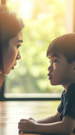 Mother and son are looking at each other in the living room at home.の素材