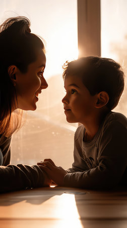 Mother and son looking out the window at sunset. Concept of a happy family.の素材