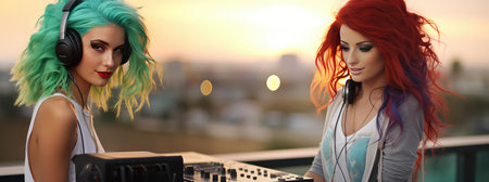 Beautiful dj girls with turquoise hair and headphones playing music.の素材