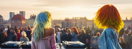 Young woman dj playing music at the rooftop party in Prague, Czech Republicの素材