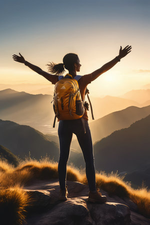 Happy woman hiker open arms on top of a mountain during sunriseの素材