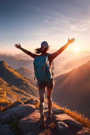 Young woman with backpack standing on the top of the mountain and looking at the sunsetの素材