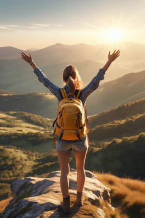 Happy woman hiker with backpack standing on top of the mountain and looking at sunriseの素材