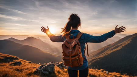 Young woman with backpack standing on the top of the mountain and enjoying the view of the sunsetの素材
