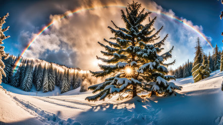 Beautiful winter landscape with snow covered fir trees and rainbow in the mountainsの素材