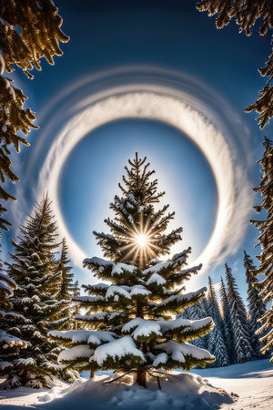 Fir tree covered with snow and full moon in the winter mountainsの素材