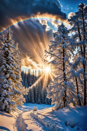 Wonderful winter landscape. The sun shines through the snow-covered trees.の素材