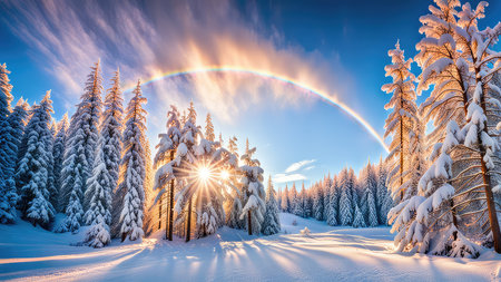 Beautiful winter landscape with snow covered trees and rainbow in the sky