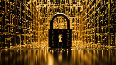 Cyber security and data protection concept. Lock on digital circuit board backgroundの素材