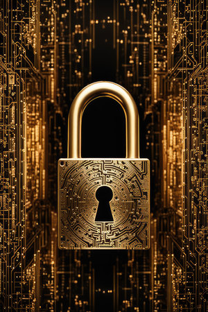 Gold padlock on circuit board background. Cyber security concept. 3d renderingの素材