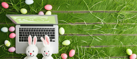 Easter bunny with easter eggs and laptop on green grass backgroundの素材