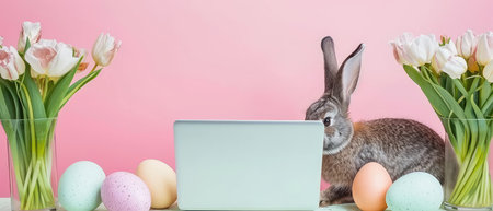 Easter bunny with a laptop and tulips on a pink backgroundの素材