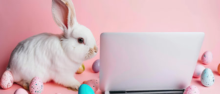 Cute white rabbit with easter eggs and laptop on pink backgroundの素材