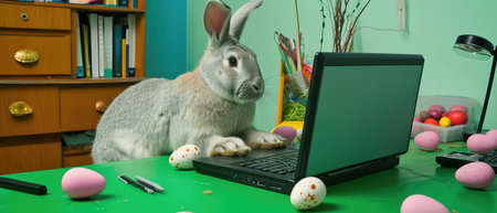 Easter bunny with laptop and easter eggs on green table.の素材