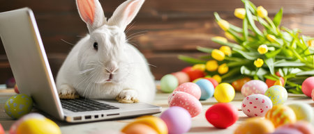 Easter bunny with laptop and easter eggs on wooden background.の素材