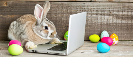 Easter bunny with a laptop on a wooden background with Easter eggsの素材
