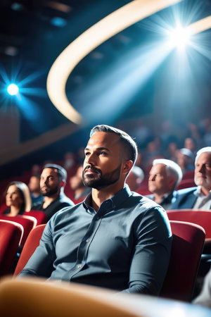 Cinema, entertainment and people concept - Portrait of handsome man watching movie in cinema hallの素材