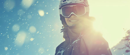 Snowboarder girl in helmet and goggles on a background of blue skyの素材
