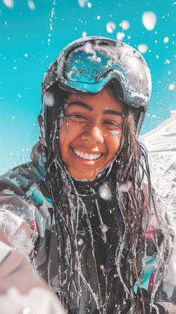 Portrait of a happy young woman with snowboard on background of blue skyの素材