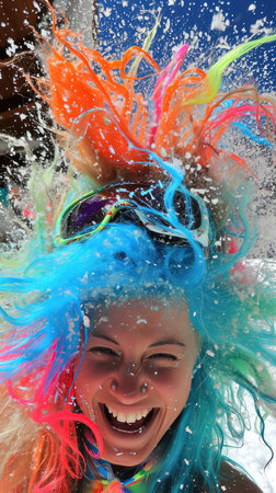 Portrait of young woman with colorful hair and glasses in the rainの素材