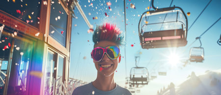 Portrait of happy young woman with colorful hair and sunglasses against cable carの素材