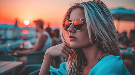 Portrait of a beautiful blonde girl in sunglasses on the background of the sea.の素材