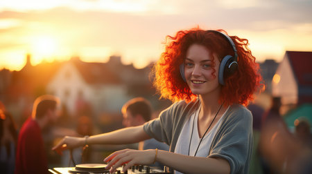 Portrait of a beautiful young woman with red hair listening to music with headphones on the rooftop at sunsetの素材