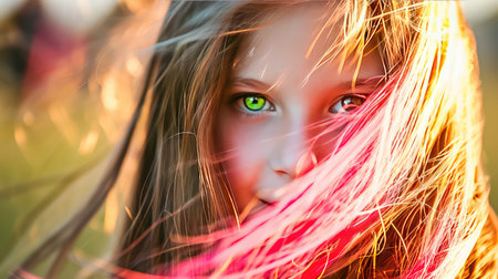 Close-up portrait of beautiful little girl with long pink hair.の素材