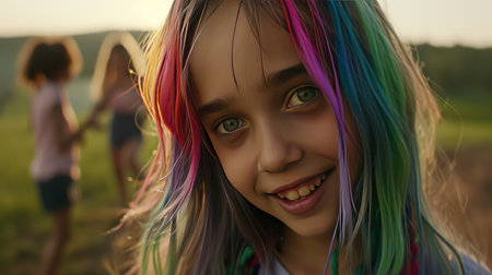 Portrait of a young beautiful girl with colorful hair in the fieldの素材