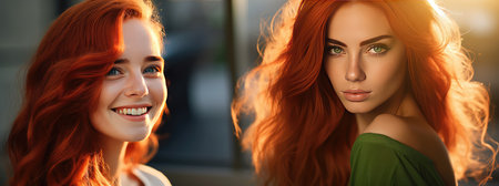 Portrait of two beautiful young women with red hair and makeup.の素材
