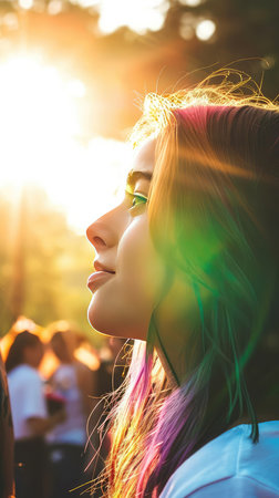 Portrait of a beautiful young woman with colorful hair on the background of the sunの素材