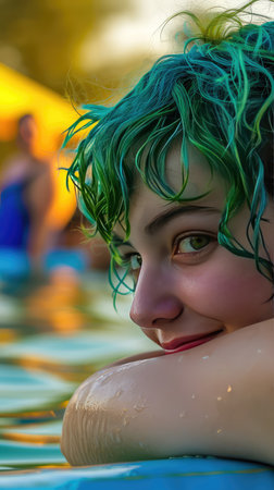 Portrait of a girl with green hair in the swimming pool.の素材