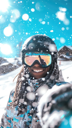 Portrait of a young woman snowboarder in the mountains.の素材