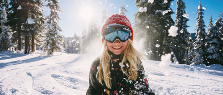 Happy young woman having fun on fresh snow at beautiful sunny winter day.の素材