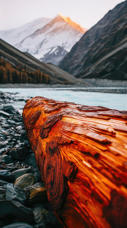 Wooden log on the background of a mountain lake at sunset.の素材