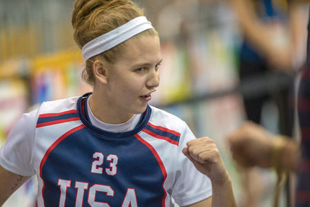 Abigail Dunkin celebrates at the end of the game where USA beat team Canada and won the Gold Medal in wheelchair basketball.のeditorial素材